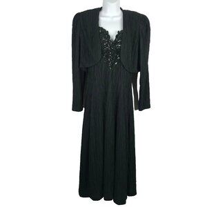 Vintage 80s David Rose Bolero Slip Dress Set Sz 12 Black Beaded Crinkle Chiffon